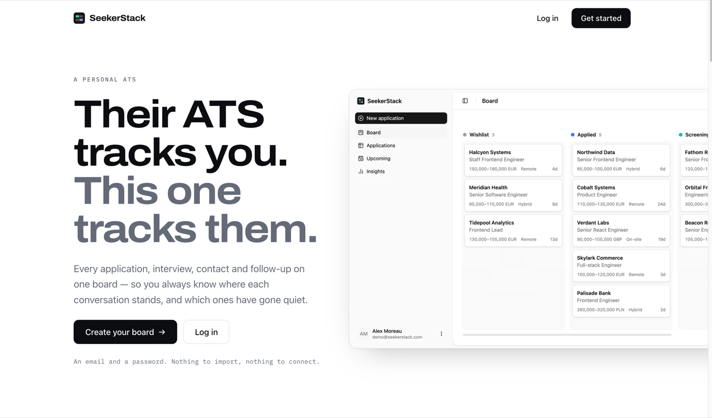 SeekerStack landing page — a personal ATS with the headline “Their ATS tracks you. This one tracks them.” beside the application board showing Wishlist, Applied and Screening columns.